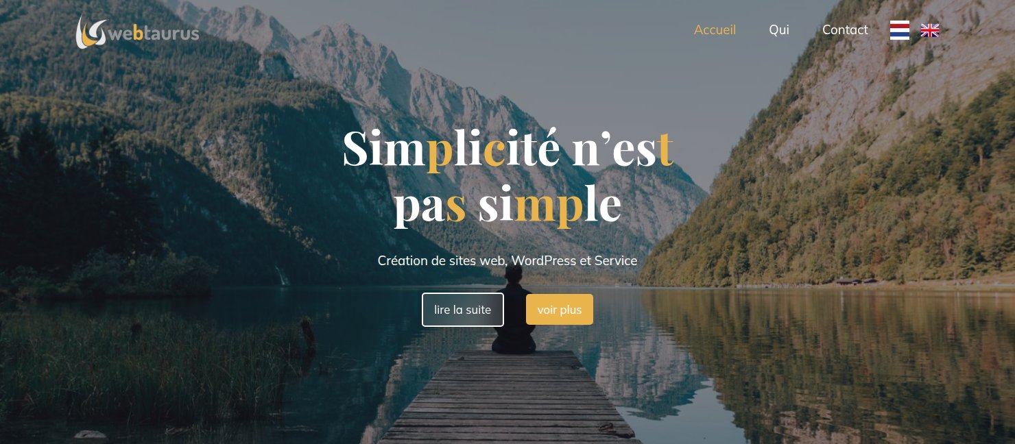 La page d’accueil de webtaurus sous Ollie : un en-tête transparent avec un menu blanc sur la photo de montagne, le titre Simplicité n’est pas simple avec quelques lettres dorées, et les boutons lire la suite et voir plus.